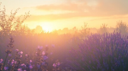 lavender field at sunset, with golden light bathing the blooming purple flowers and the air filled with a dreamy haze
