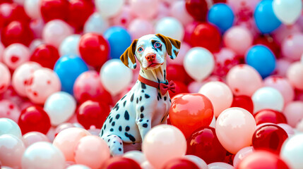 A dalmatian dog sitting in a field of balloons