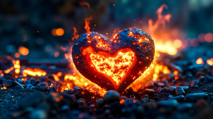 A heart shaped rock in the middle of a fire