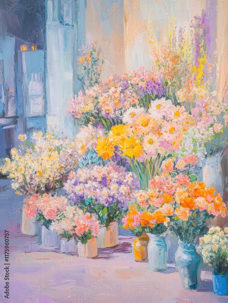 Aufkleber vibrant flower market displaying colorful bouquets and blooming arrangements in a lively atmosphere 
