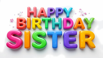 Happy Birthday Sister 3D HD image for wishing in vibrant colors, candles, balloons, confetti, cake, and digital background for the birthday celebration. isolated on white background.