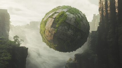 Ancient Mysterious Metallic Sphere Floating Among Misty Cliffs in Abandoned Futuristic World