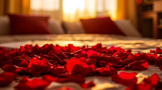 A bed covered in red rose petals on a bedside table