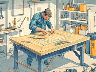 Skilled Carpenter Assembling Customized Furniture with Precision Tools in Workshop