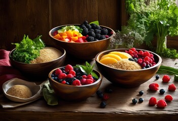 colorful bowls brimming fresh organic ingredients arranged aesthetic display vibrant greens, produce, grain, onion, carrot, tomato, cucumber, pepper