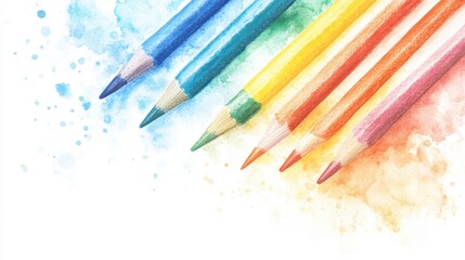 Vibrant colored pencils on watercolor background for creative art and design
