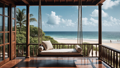 Fototapeta premium Beautiful seaside view from a wooden porch with a relaxing swing and ocean breeze