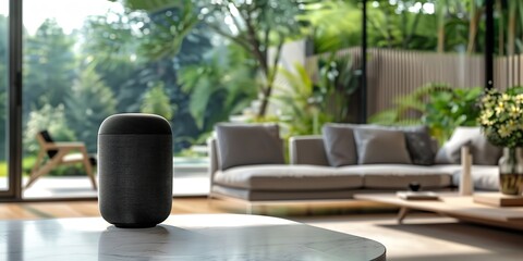 Fototapeta premium Voice activation is activated at the white table using smart home speakers. Voice control smart speakers, wireless speakers, Generative AI.