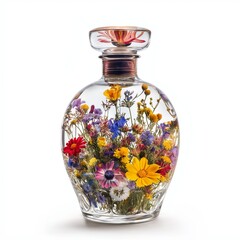 elegant glass perfume bottle with colorful wildflowers isolated