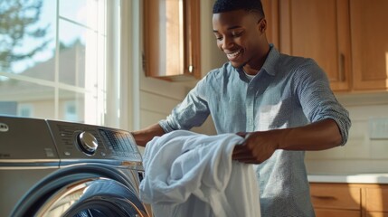 National Folding Laundry Day Happy man doing laundry at home in a sunlit kitchen setting