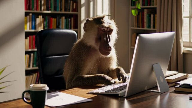 Funny Baboon Using a Computer