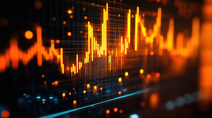 Dynamic financial market graph with glowing candlesticks: Digital trading chart visualization with orange light effects. Abstract business data analysis for investment concepts.