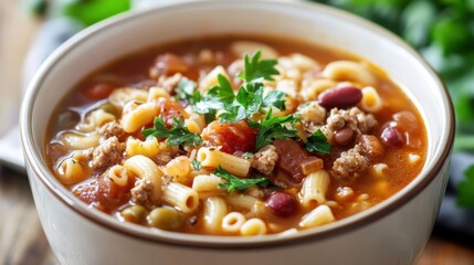 Hearty beef macaroni soup with vegetables and fresh parsley for a comforting meal