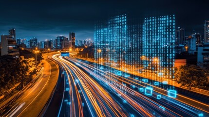 Night cityscape with digital building overlay and light trails.