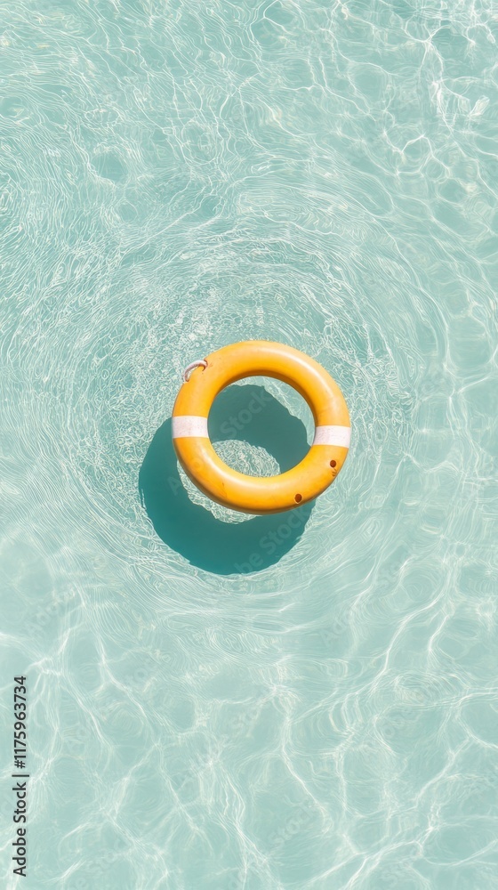 Poster bright yellow lifebuoy floating on the tranquil surface of a swimming pool. creating a vibrant contr