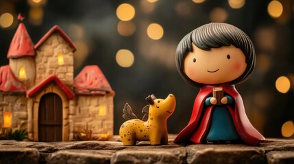 Charming figurine of child with pet dragon and fairy tale castle in background National Storytelling Week