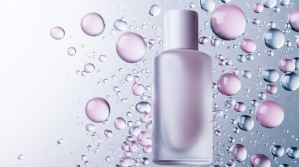 Matte frosted cosmetic bottle surrounded by water bubbles on a soft pastel background. freshness and skincare concept