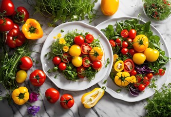vibrant display fresh ingredients dish artistically arranged colorful vegetables garnishes, arrangement, presentation, platter, cuisine, food, herbs