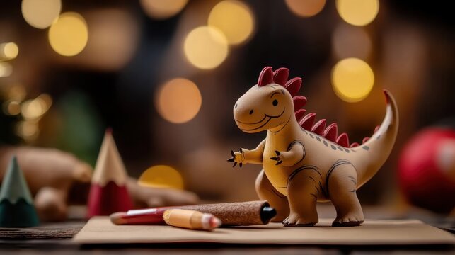 Cute dinosaur toy with colored pencils on festive table in warm lighting National Draw A Dinosaur Day - Powered by Adobe