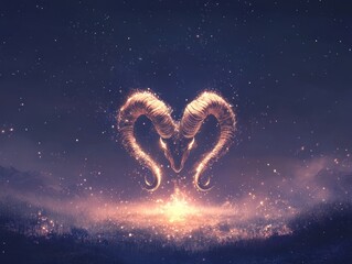 Glowing ram horns forming heart shape against night sky and snowy mountains.