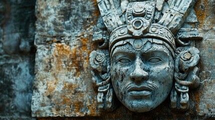 Obraz premium Ancient mexican ruins sculpture: mysterious stone carved face in historical architecture