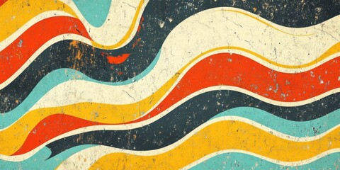 Retro abstract wave pattern background with colorful vintage curves and distressed texture