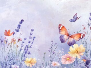 Watercolor painting of lavender, cosmos flowers, and butterflies on a purple background.