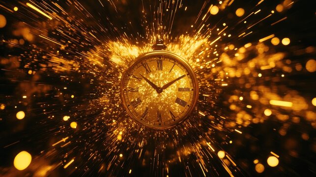 Golden pocket watch exploding with light, time, speed concept.