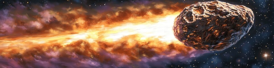 Fototapeta premium Stunning Close-Up of Fiery Asteroid Hurtling Through Space with Vibrant Cosmic Background Illustrating Celestial Movement and Astrophysical Phenomena