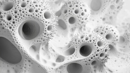 Cluster of spherical bacteria with textured surfaces, arranged in a dynamic spiral pattern