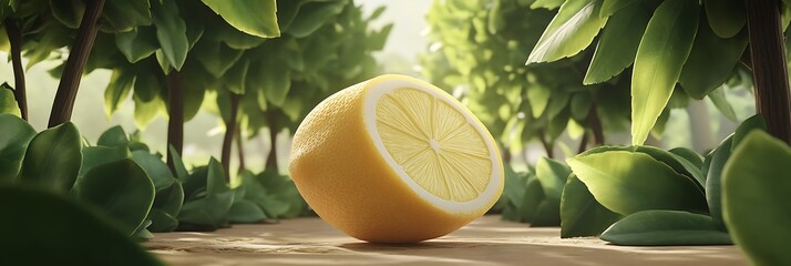 Lemon emoji with realistic rind texture  surrounded by lush green lemon trees