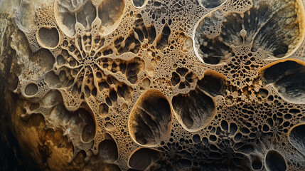 Detailed portrayal of bacteria colonies forming symmetrical, fractal-like patterns