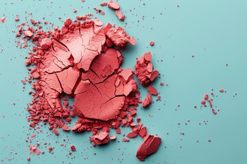 Crashed red eyeshadow or blushes on light blue background. Dry facial products or decorative cosmetics advertisement, close-up, copy space