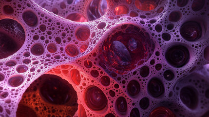 Abstract representation of pathogenic structures, blending vibrant reds and purples into intricate patterns