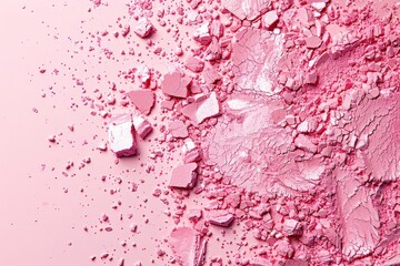 Crashed pink eyeshadow or blushes on pink background. Dry facial products or decorative cosmetics advertisement, close-up