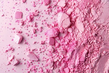 Crashed pink eyeshadow or blushes on light pink background. Dry facial products or decorative cosmetics advertisement, close-up