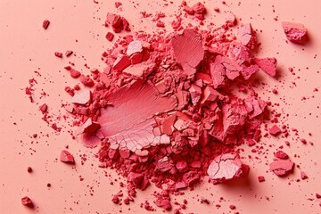 Crashed red eyeshadow or blushes on peachy background. Dry facial products or decorative cosmetics advertisement, close-up
