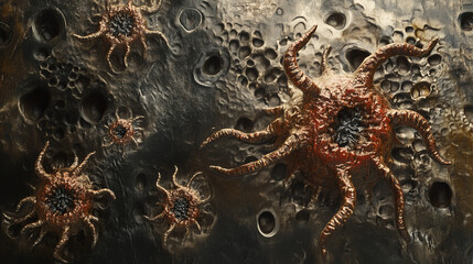 Stylized bacterial colonies radiating energy, set on a textured metallic surface