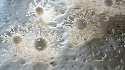 Stylized bacterial colonies radiating energy, set on a textured metallic surface