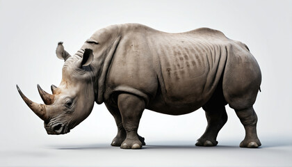 Obraz premium Rhinoceros standing on a plain background showcasing unique features and details of its skin texture