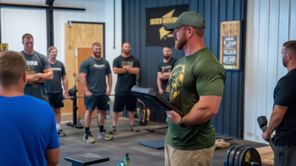 Crossfitter leads group training session in an energetic atmosphere