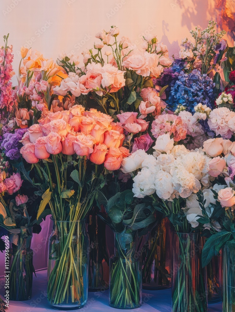 Aufkleber lovely floral display featuring assorted colorful bouquets in glass vases arranged elegantly in a br