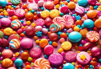 Fototapeta premium vibrant close assorted colorful candies scattered whimsical surface highlighting shapes textures, rainbow, lgbtq, lgbt, pride, love, equality, candy, sweets