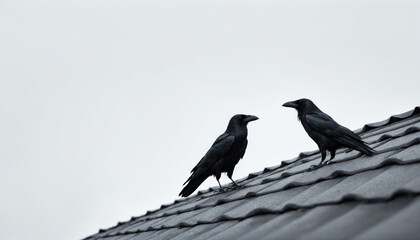 Two black crows perched on a slanted rooftop under an overcast sky at dawn