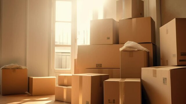 Many cardboard boxes stacked inside a new apartment during relocation or moving with sunlight shining through the window, creating a warm and optimistic atmosphere