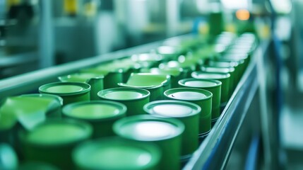 Production Line of Uniform Green Cans in a Manufacturing Facility Showcasing Modern Technology and Efficiency in Food Packaging and Processing Industries