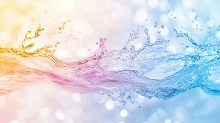 Colorful splash of water with gradient hues of blue, pink, and orange on a bokeh background. Fluid art and creative design.