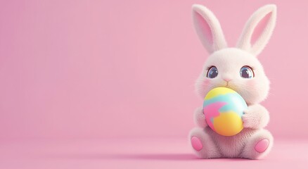 Fototapeta premium Cute Easter Bunny with Colorful Egg on Pink Background