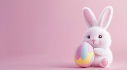 Obraz premium Cute Easter Bunny with Colorful Egg on Pink Background