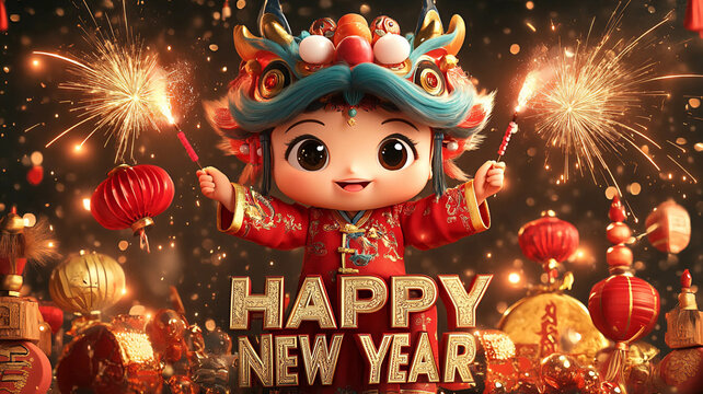 A&ntilde;o nuevo chino, a&ntilde;o de la serpiente en China. Personaje cartoon con ropa tradicional en estampa celebrando el a&ntilde;o nuevo